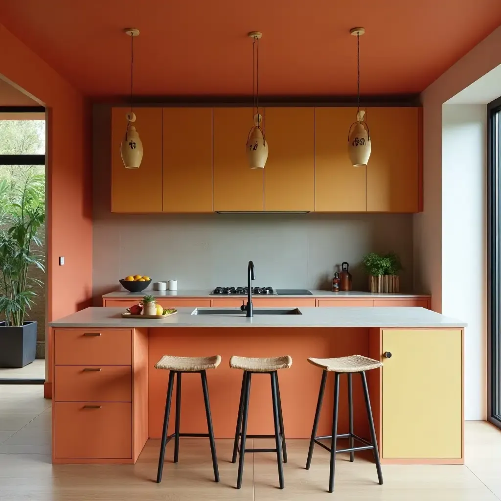 a photo of a contemporary kitchen with bold colors and chic accessories