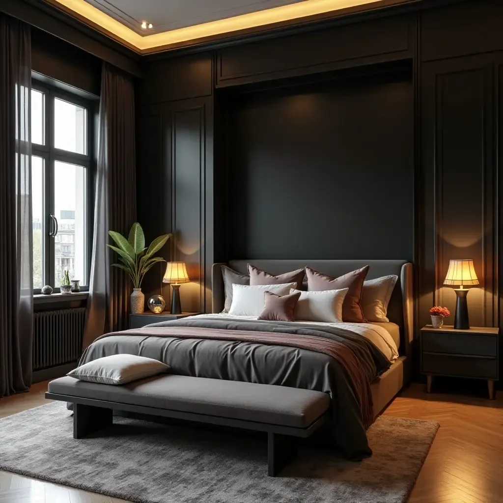 a photo of a stylish bedroom with black furniture and warm accent colors