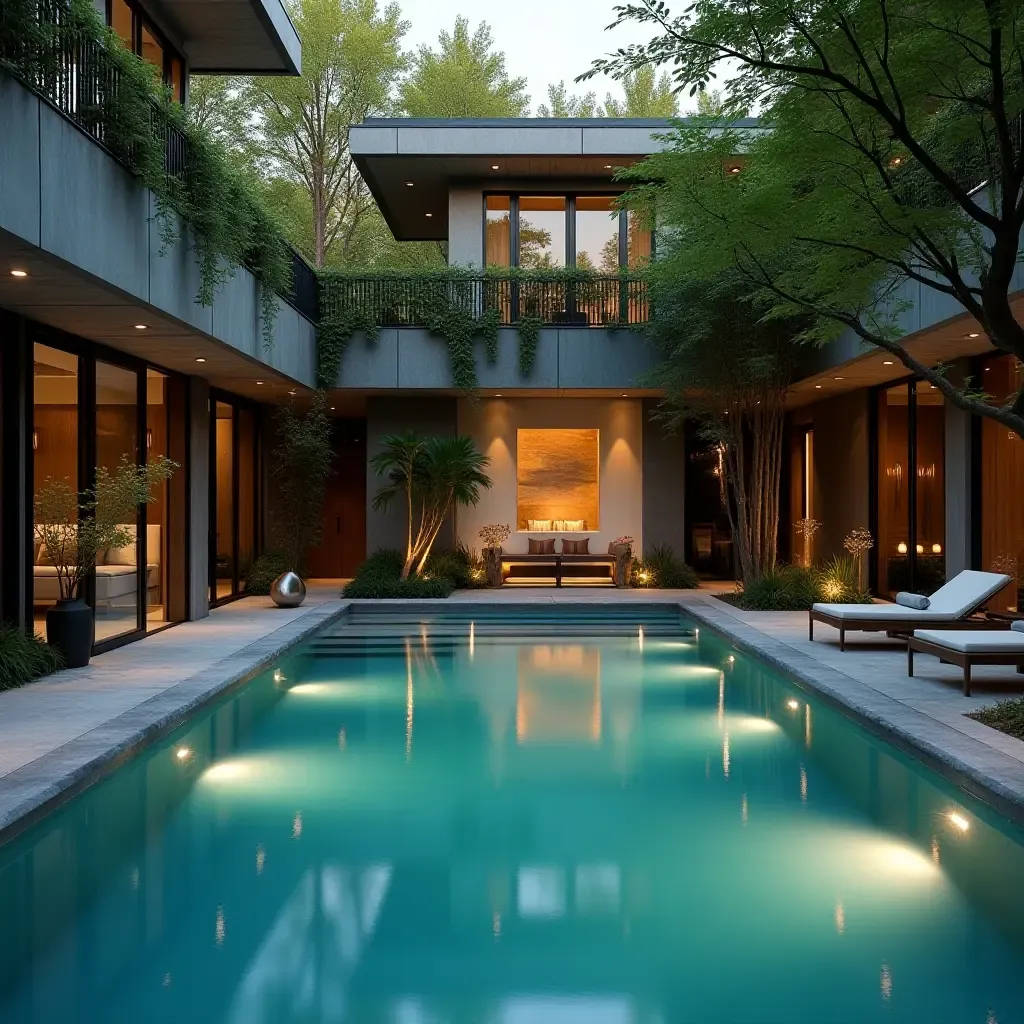 a photo of a tranquil pool area with metallic sculptures and serene ambiance