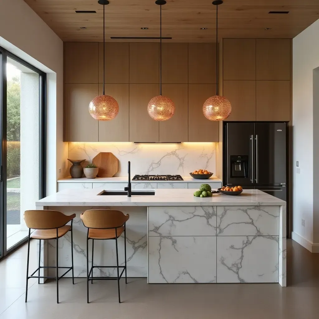 a photo of a contemporary kitchen with copper art pieces