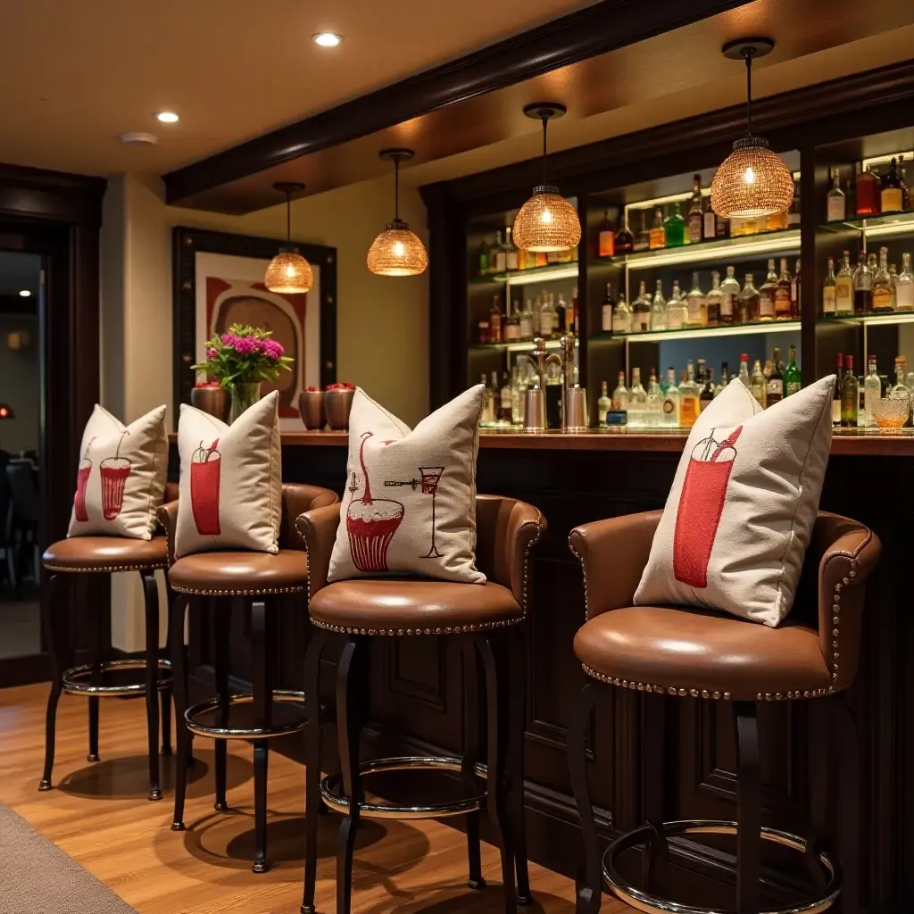 a photo of a basement bar with cocktail-themed throw pillows on stools