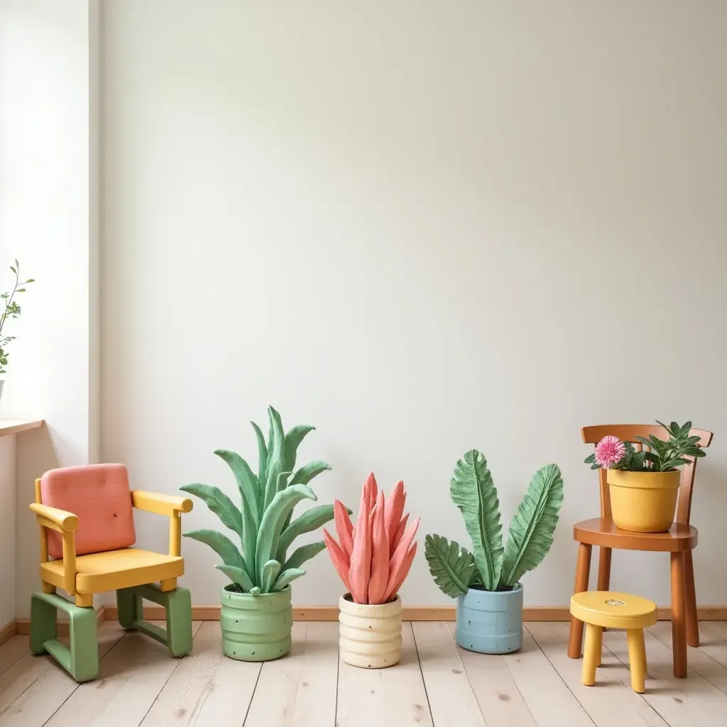 a photo of a playroom with colorful plant decorations