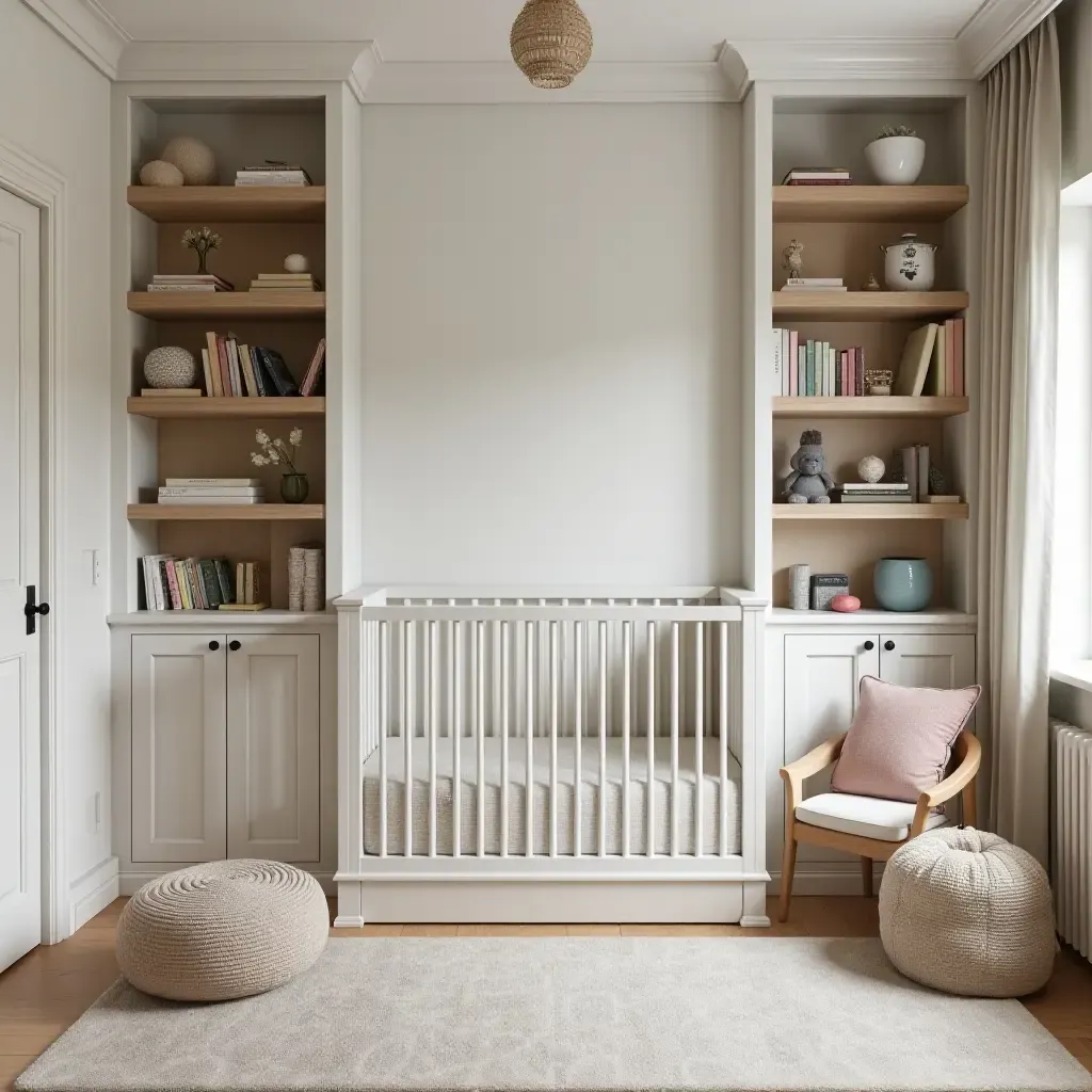 a photo of a nursery with a built-in bookshelf and cozy reading corner