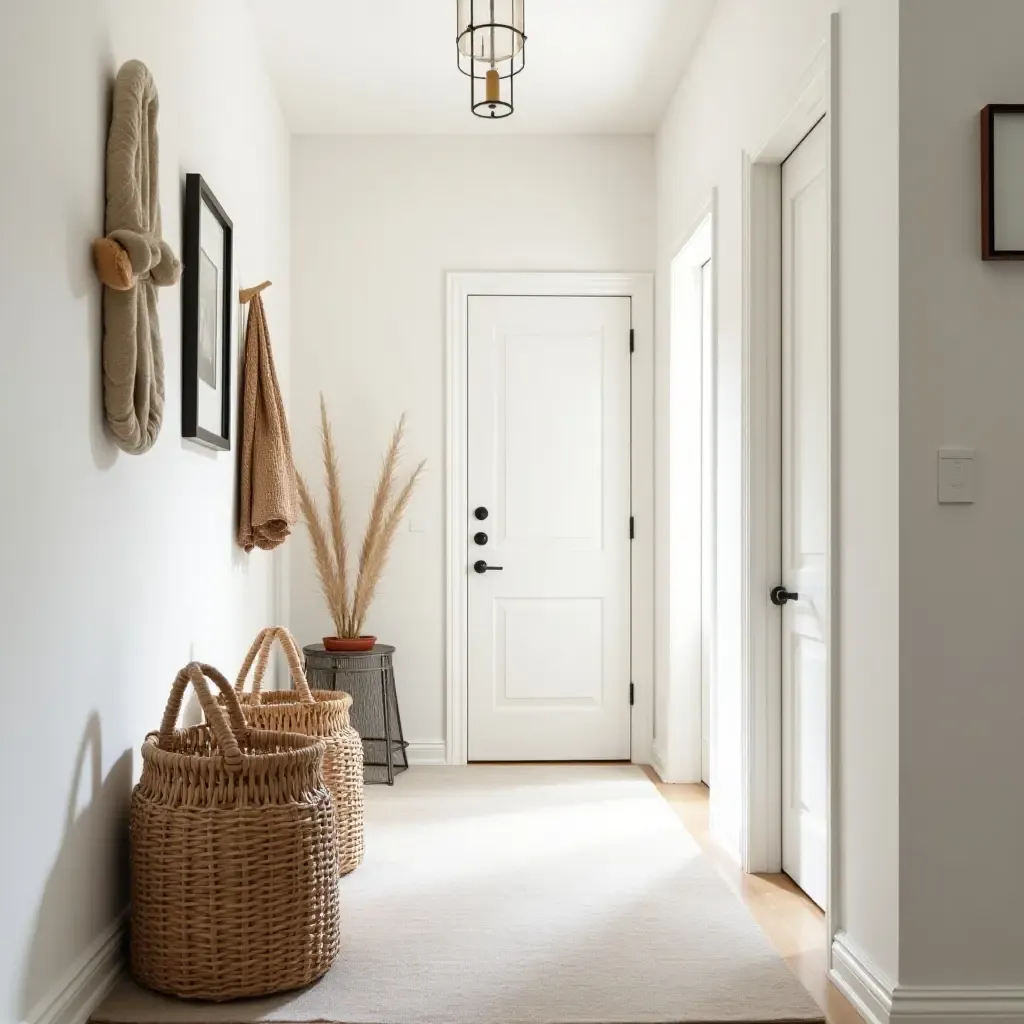 a photo of a charming hallway featuring woven baskets and natural decor