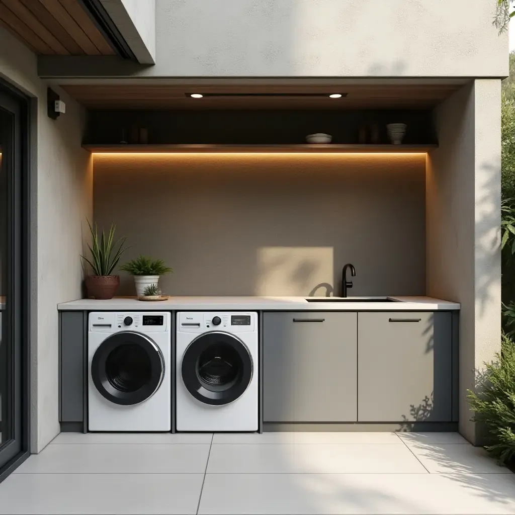 a photo of a contemporary outdoor laundry space with smart technology and sleek finishes