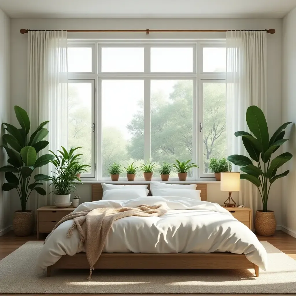 a photo of a bright bedroom with large windows and lush indoor plants