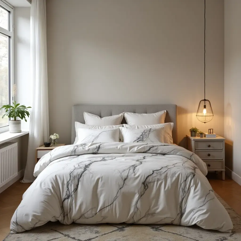 a photo of a cozy bedroom with marble-patterned bedding