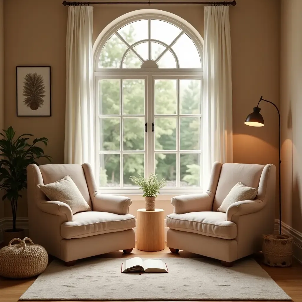 a photo of a reading nook with a relaxing atmosphere and soft colors