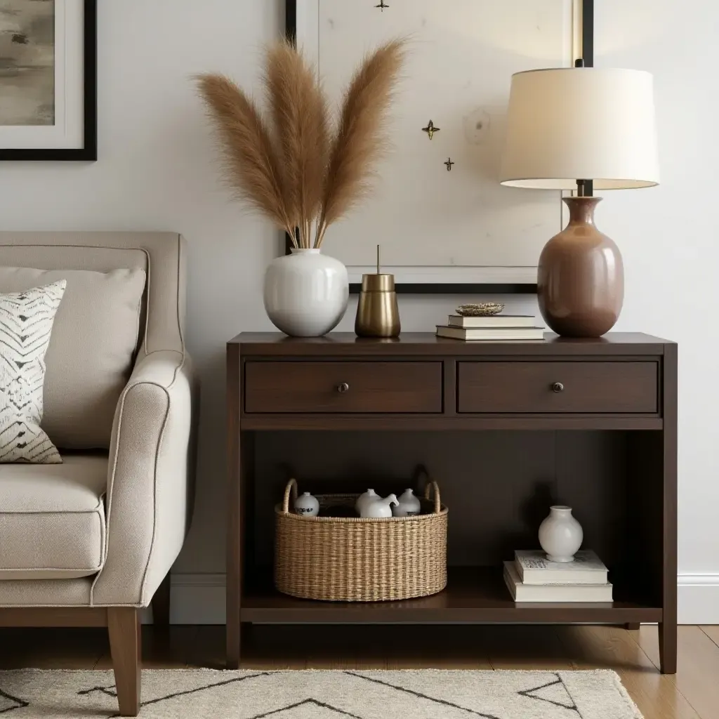 a photo of a dark wooden side table with boho decor accents