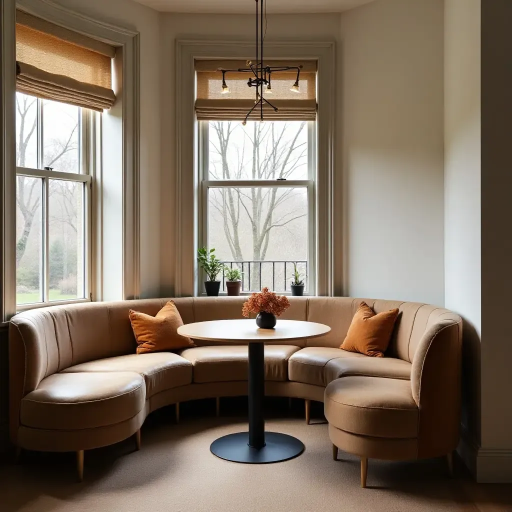 a photo of a breakfast nook with a small round table and stylish chairs