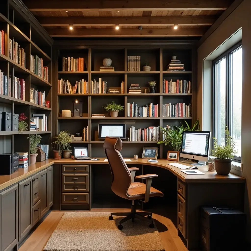 a photo of a basement office with organized books and files on shelves