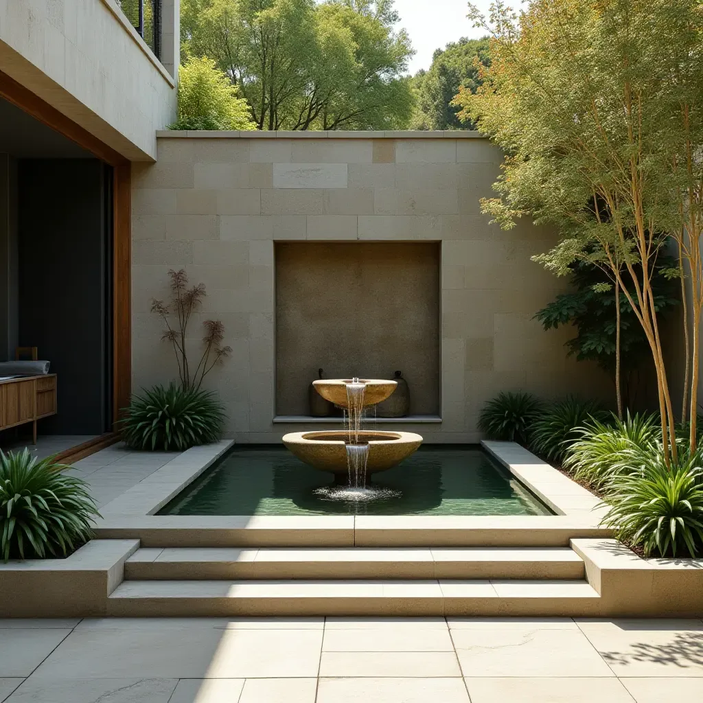 a photo of a serene space featuring a water fountain and natural stone accents