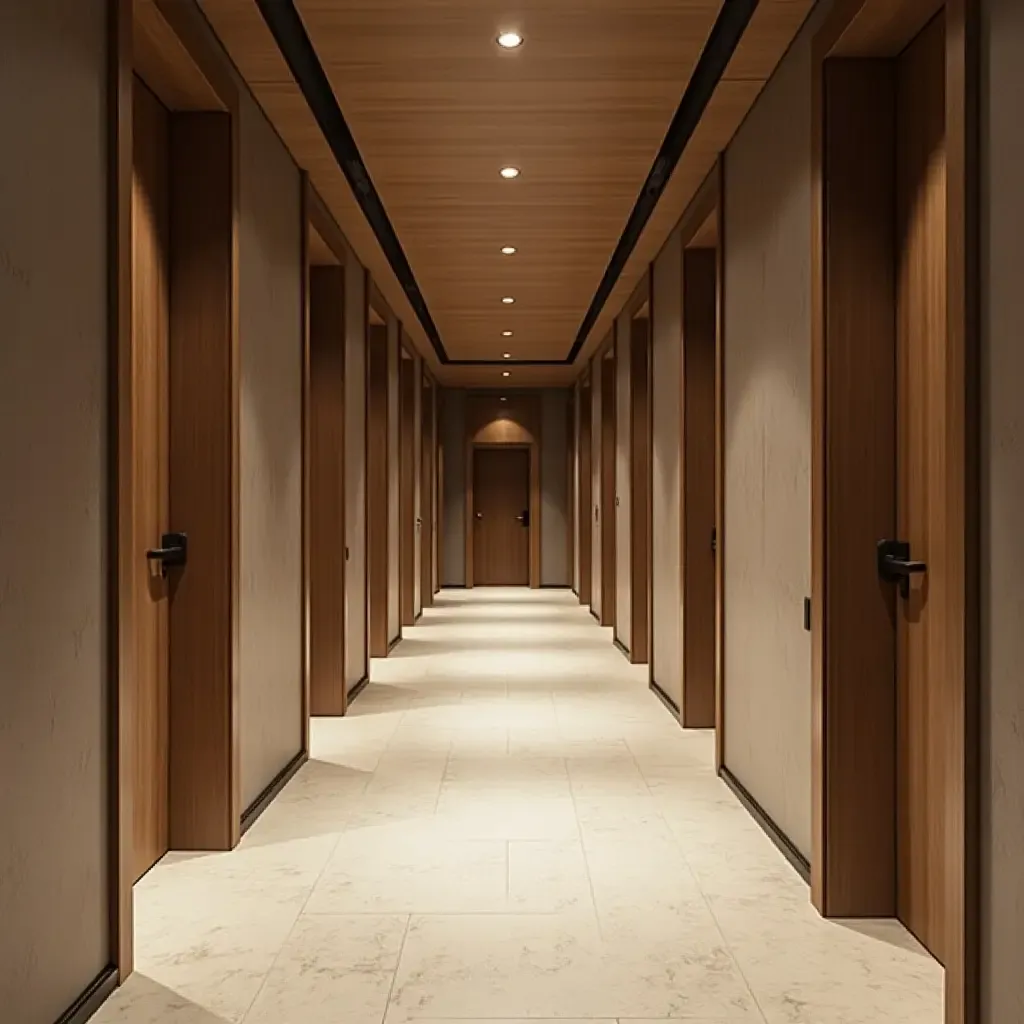 a photo of a stylish corridor with a combination of wood and metal finishes