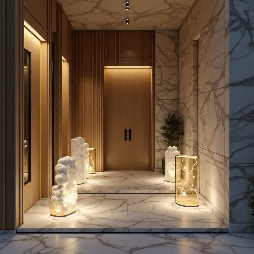 a photo of an artistic balcony featuring marble art pieces and elegant lighting