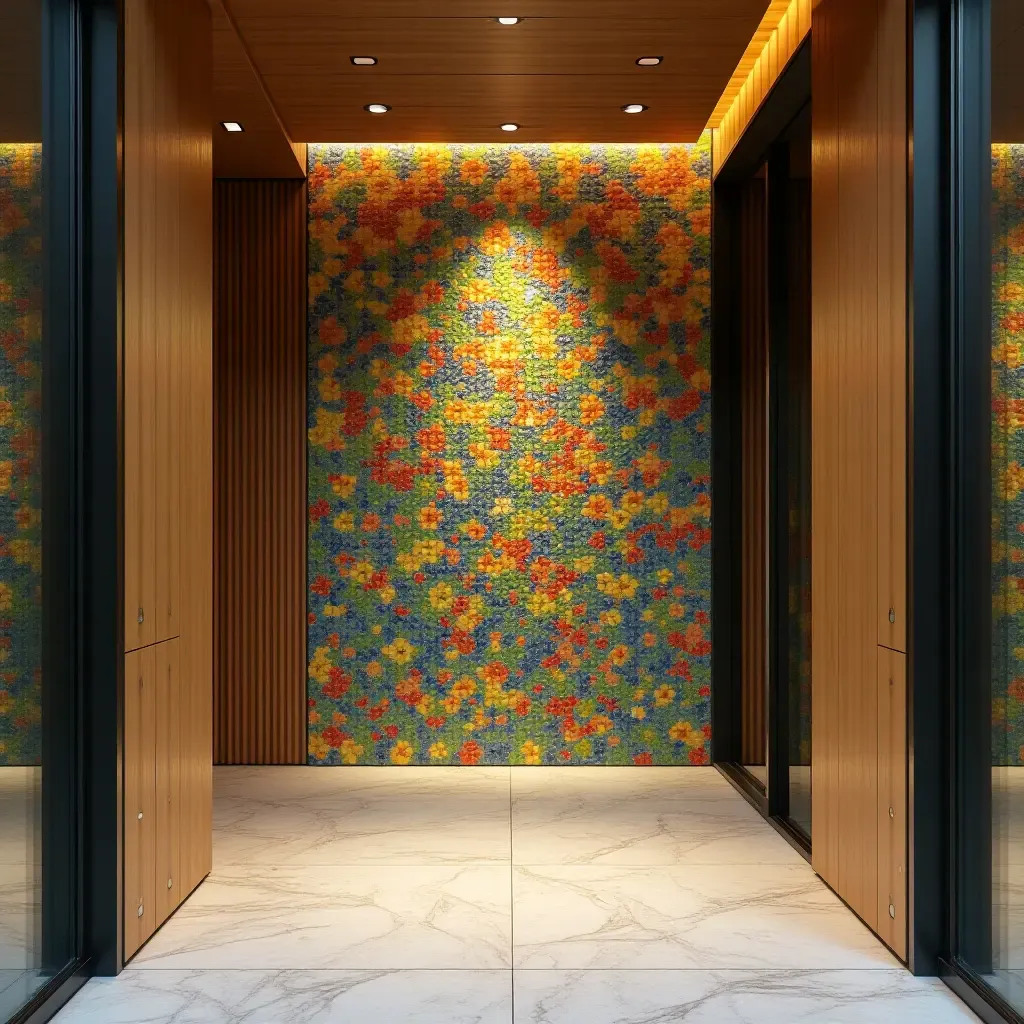 a photo of a colorful tile mosaic garden wall in a modern entrance hall