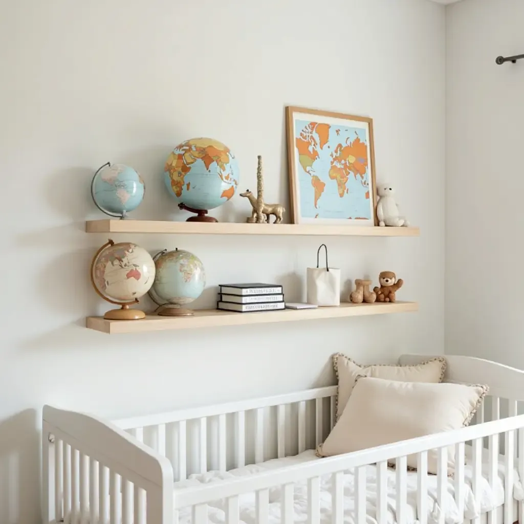 a photo of a nursery shelf with a travel theme, showcasing globes and maps