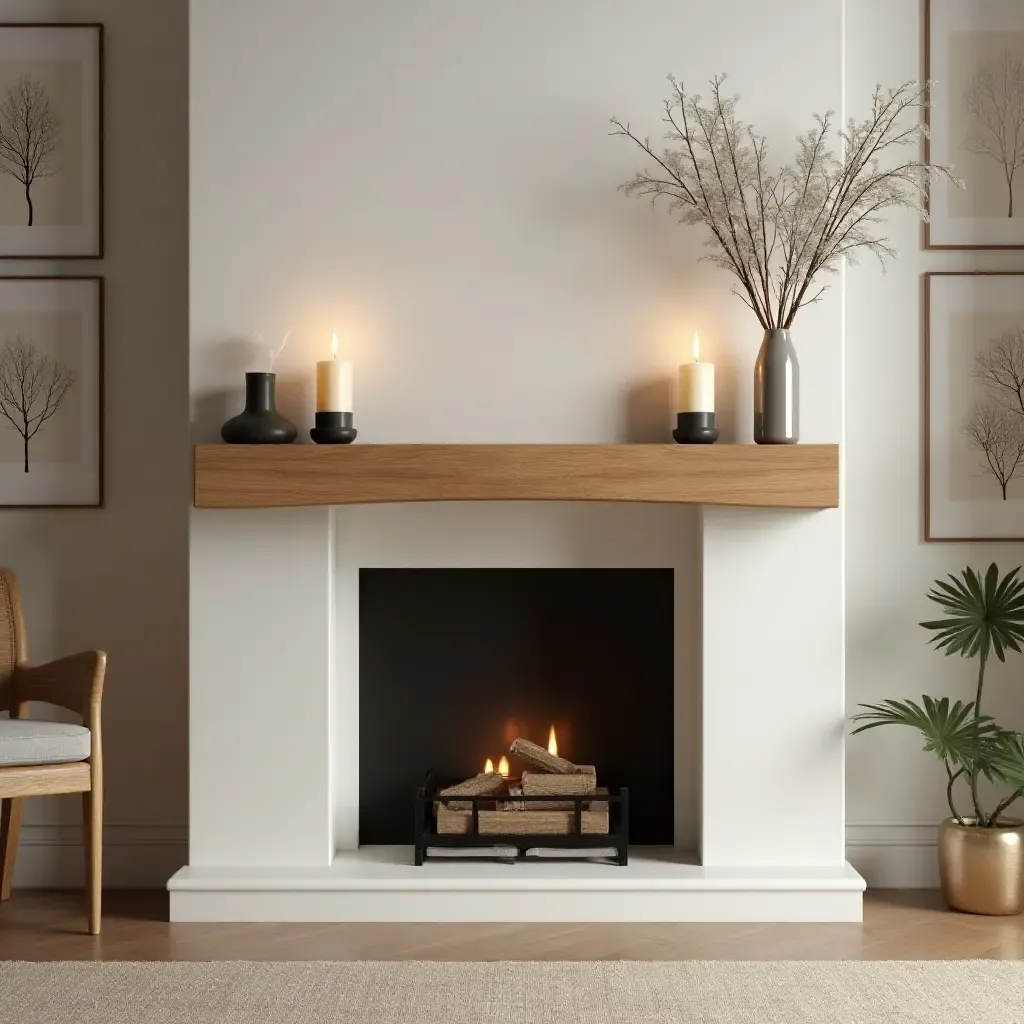 a photo of a living room with a wooden mantel and decorative candles