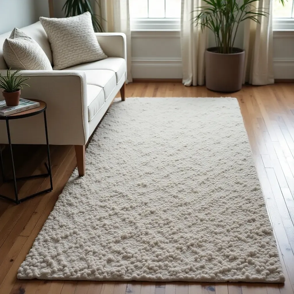 a photo of a layered rug setup with contrasting textures in a stylish layout