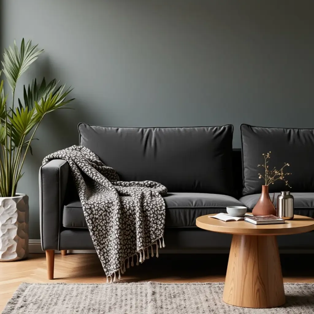 a photo of a dark grey couch accented with a patterned blanket and a wooden coffee table