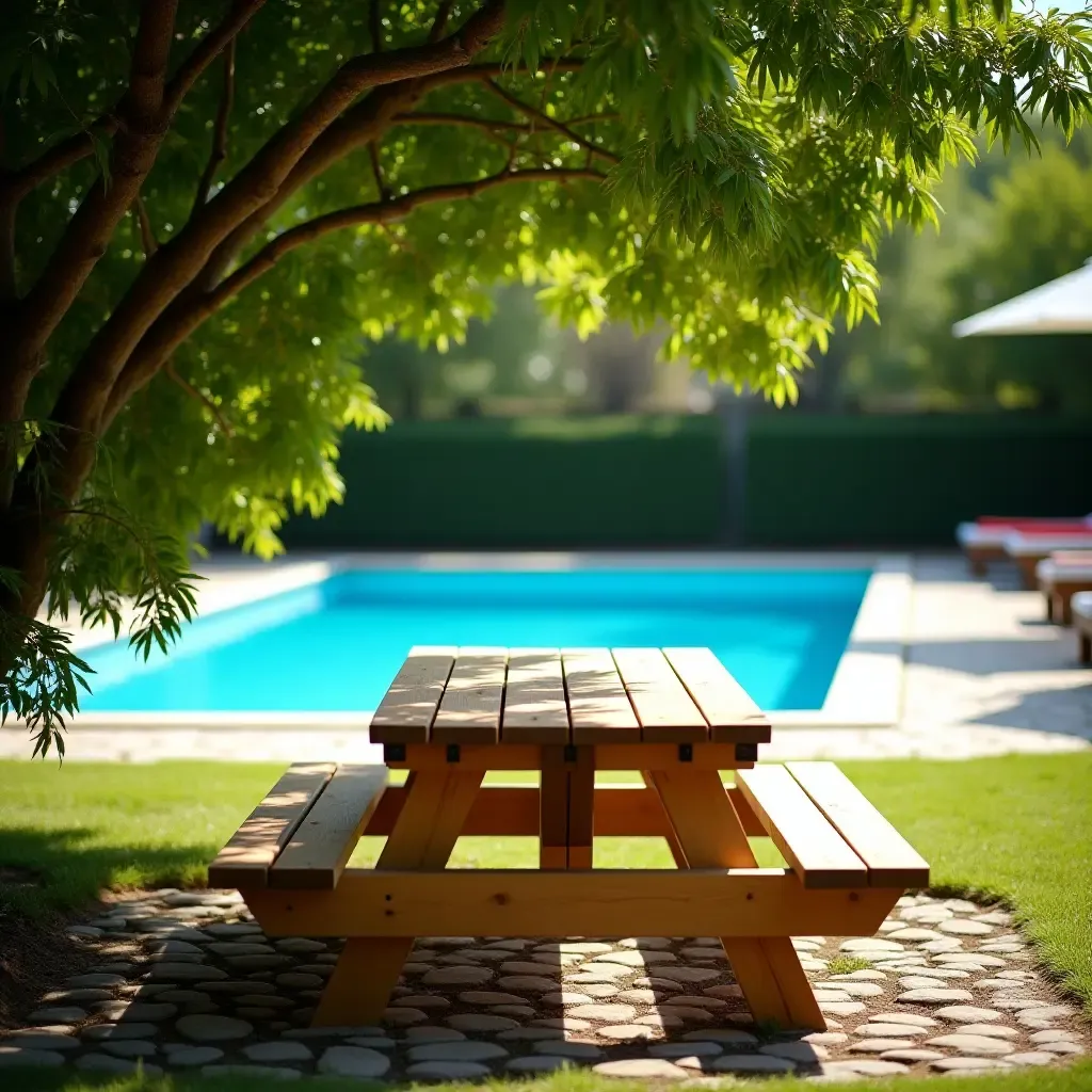 a photo of a wooden picnic table under a tree by the pool