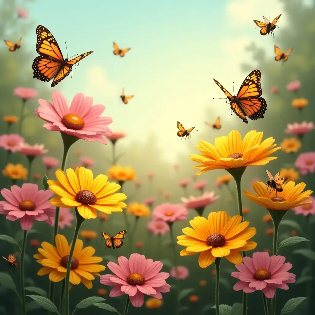 a photo of a beautiful flower garden with butterflies and bees