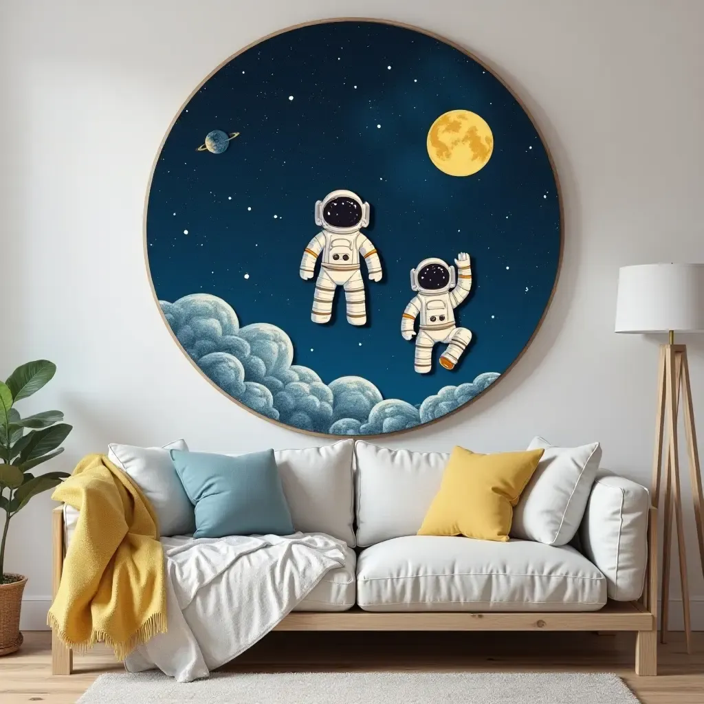 a photo of a creative space theme wall art with astronauts