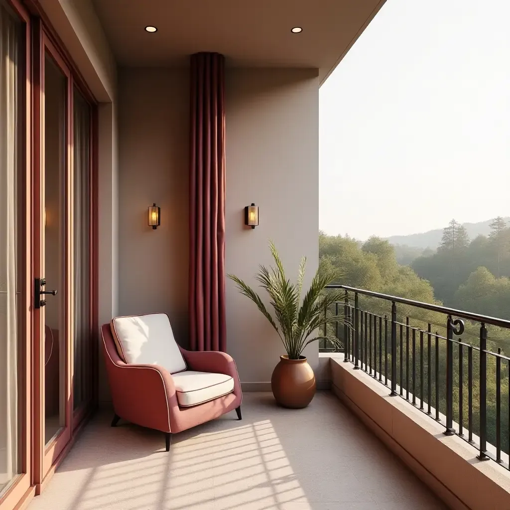 a photo of a balcony with elegant burgundy and cream color palette