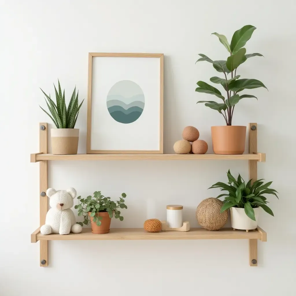 a photo of a nursery shelf featuring a nature-inspired theme with plants and wooden accents