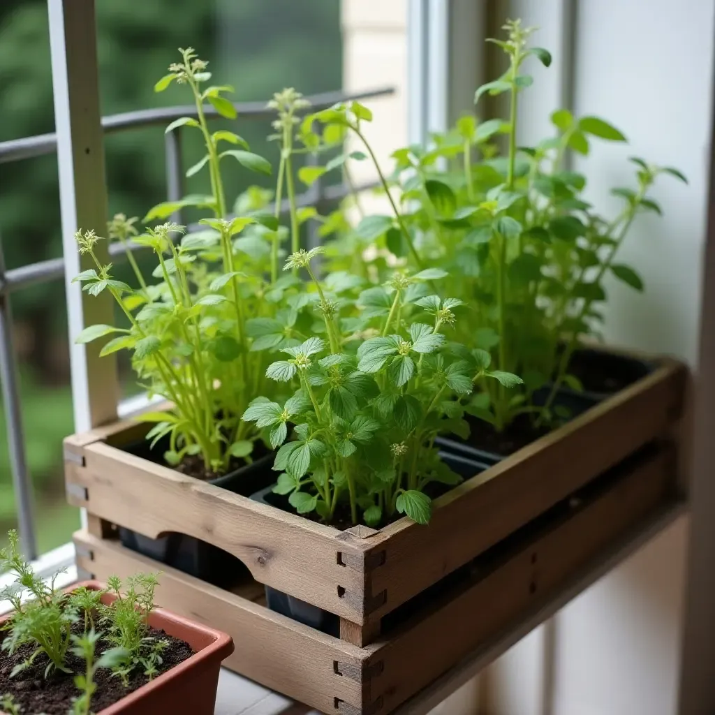 a photo of a balcony with a rustic wooden crate filled with herbs