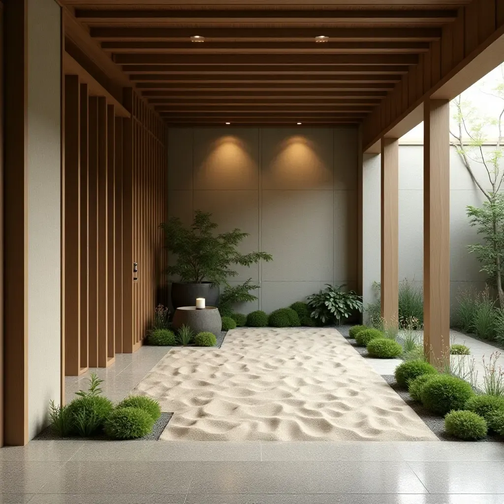 a photo of a serene garden wall with a zen sand garden in an entrance hall