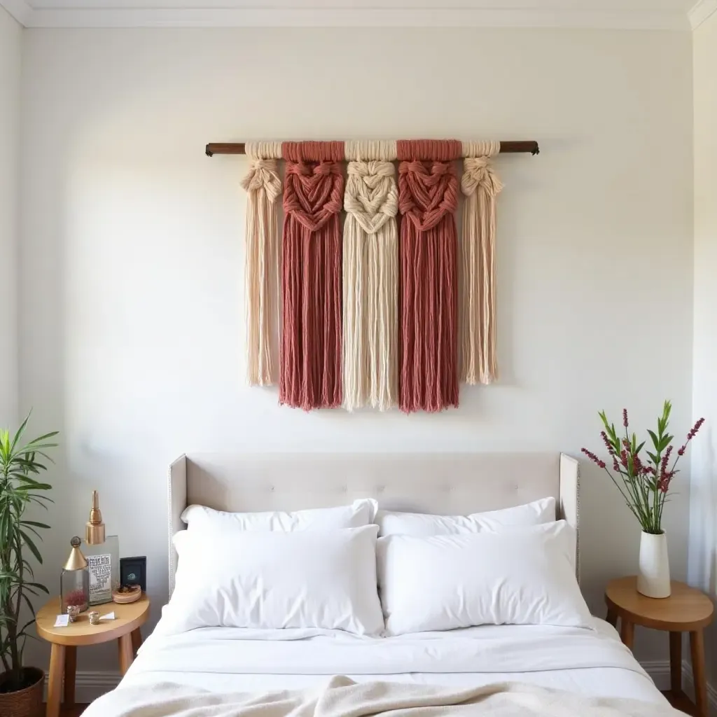 a photo of a DIY fabric wall hanging in a bohemian bedroom