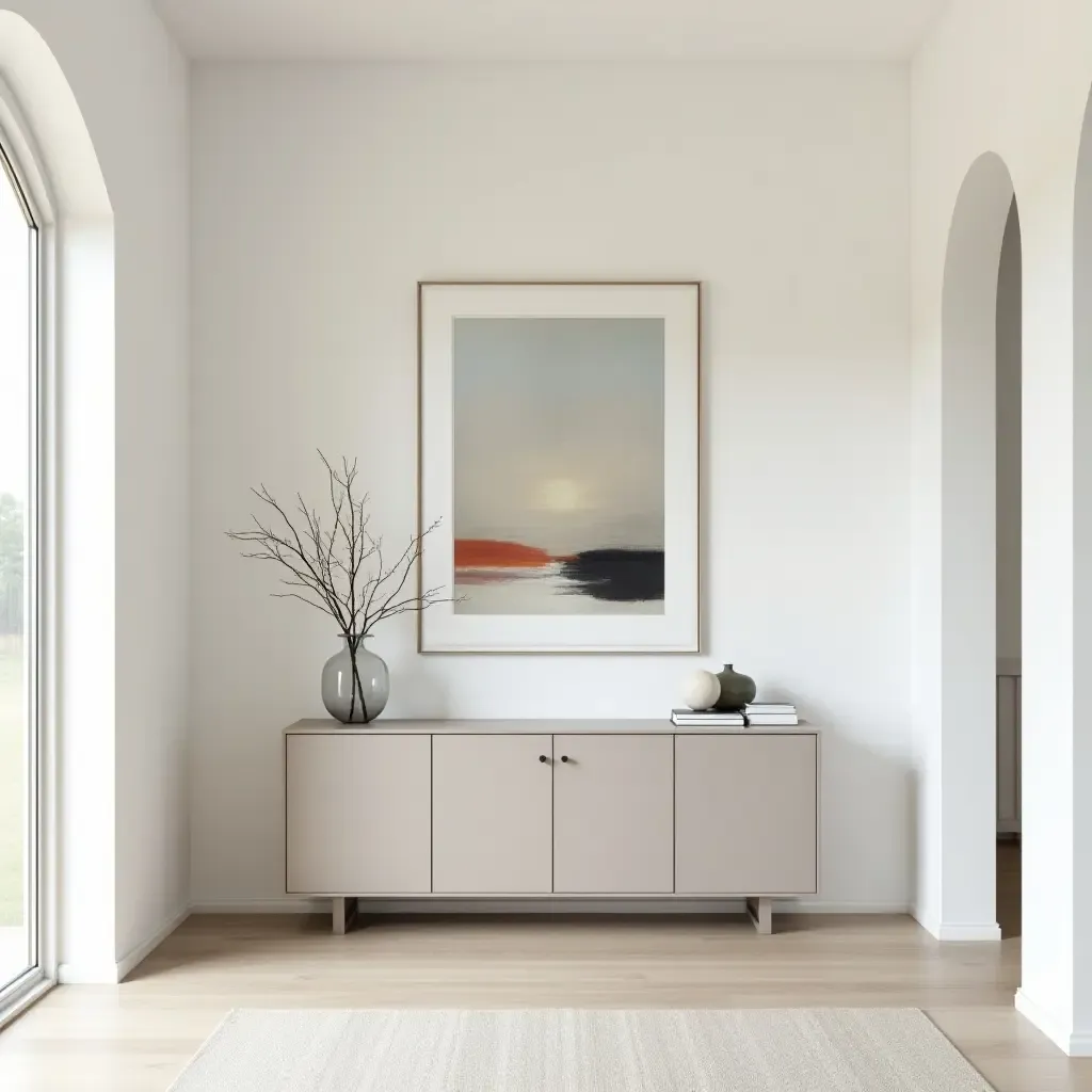 a photo of a minimalist foyer with a sleek console table and abstract art