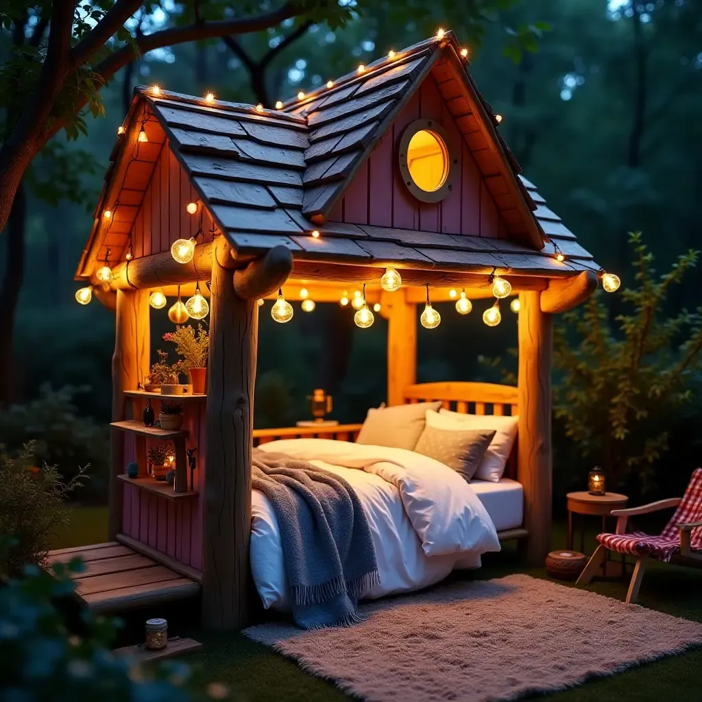 a photo of a colorful treehouse bed with fairy lights