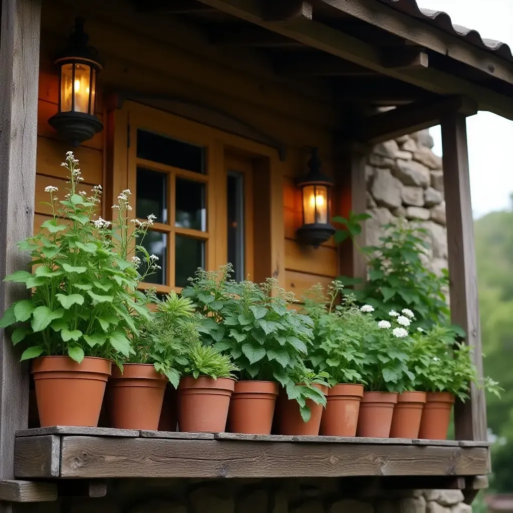 a photo of a rustic wooden balcony with potted herbs and vintage lanterns