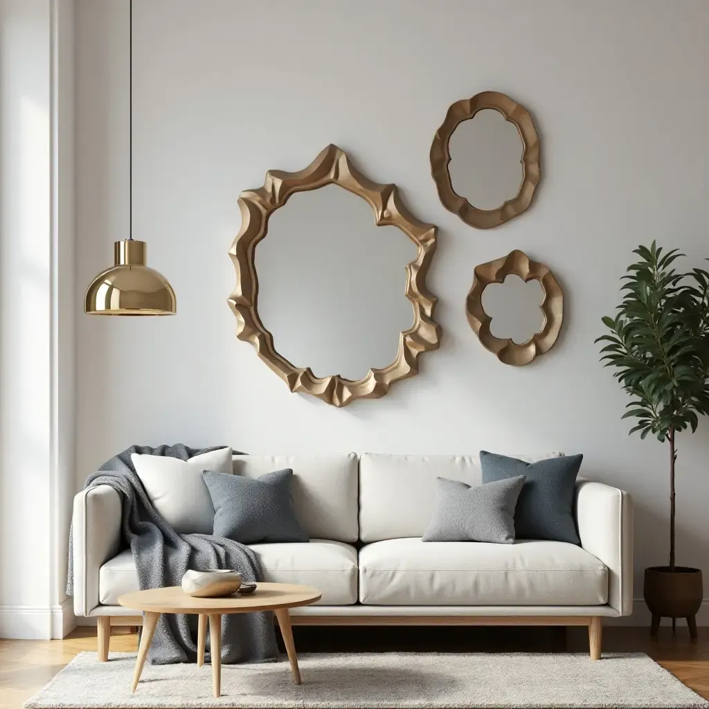 a photo of a modern living room with a wall of decorative mirrors