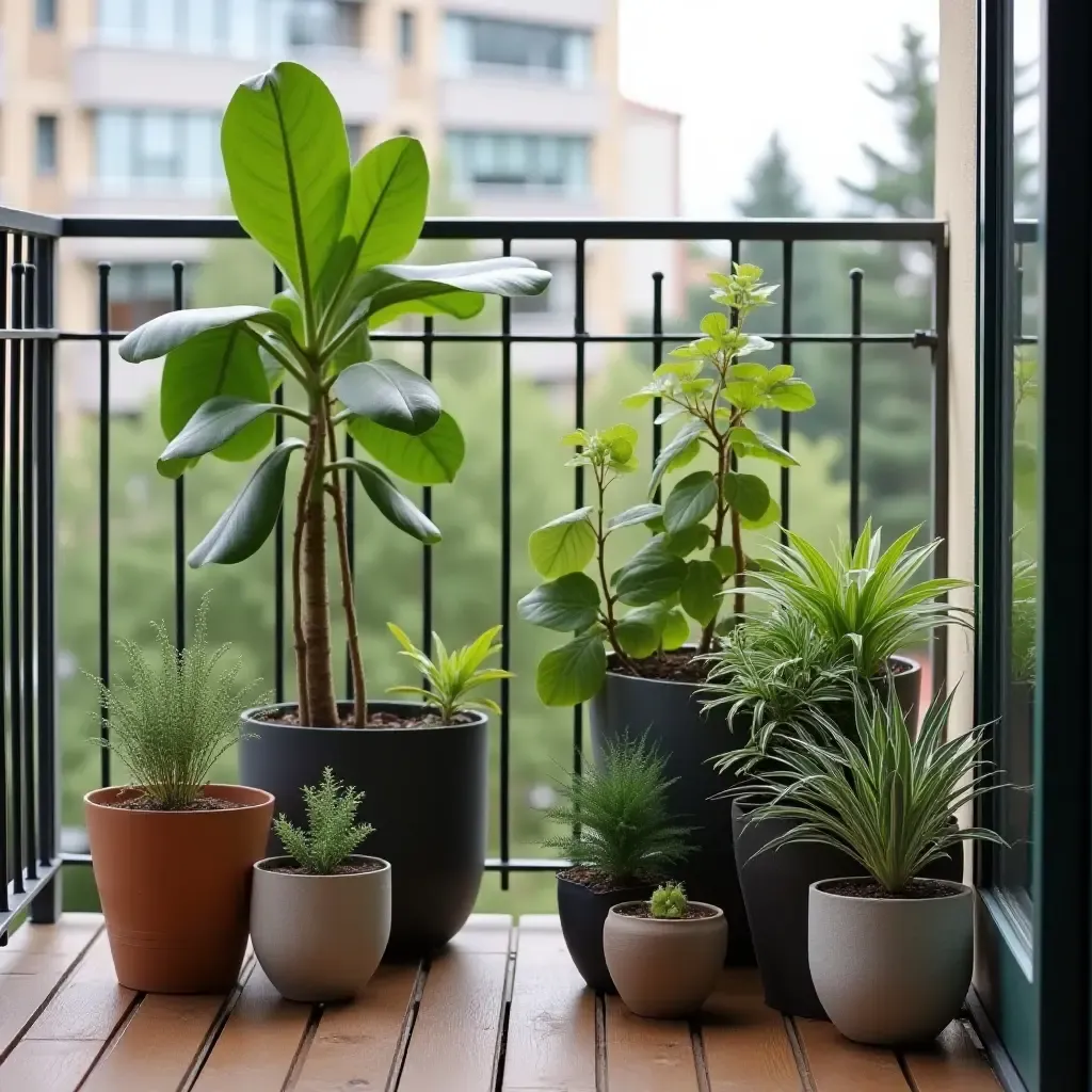 a photo of a balcony with a collection of unique plant containers