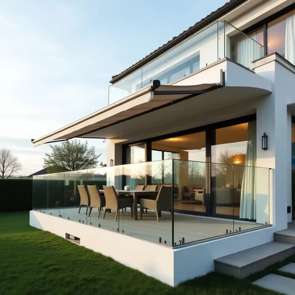 a photo of a glass balcony featuring a retractable awning for privacy