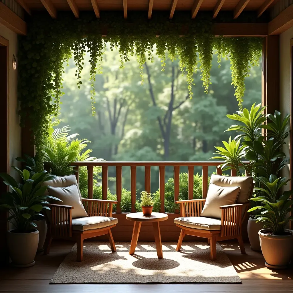 a photo of a balcony with a cozy seating area and hanging ferns