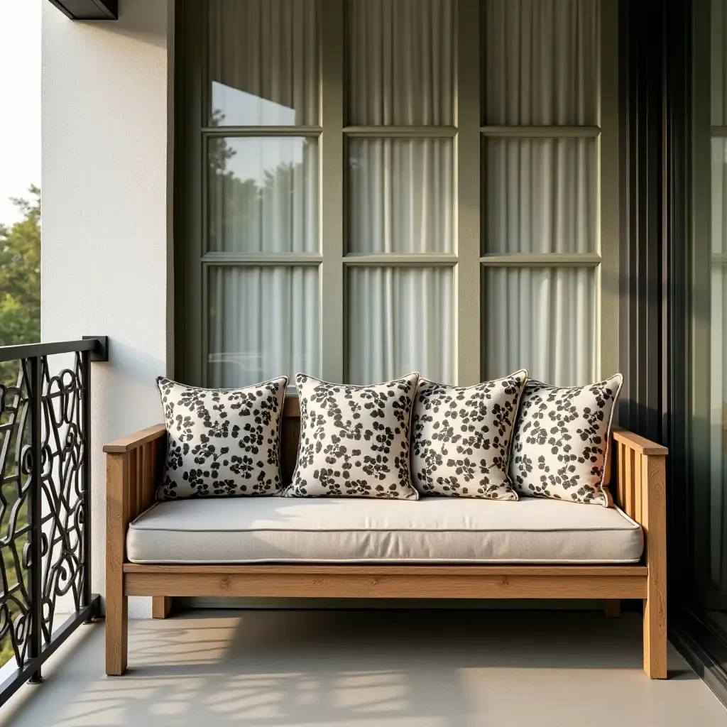 a photo of a balcony featuring a rustic wooden bench with patterned cushions