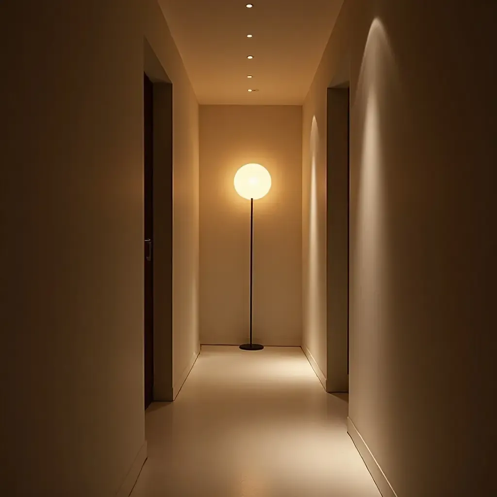 a photo of a narrow corridor with a unique lighting fixture