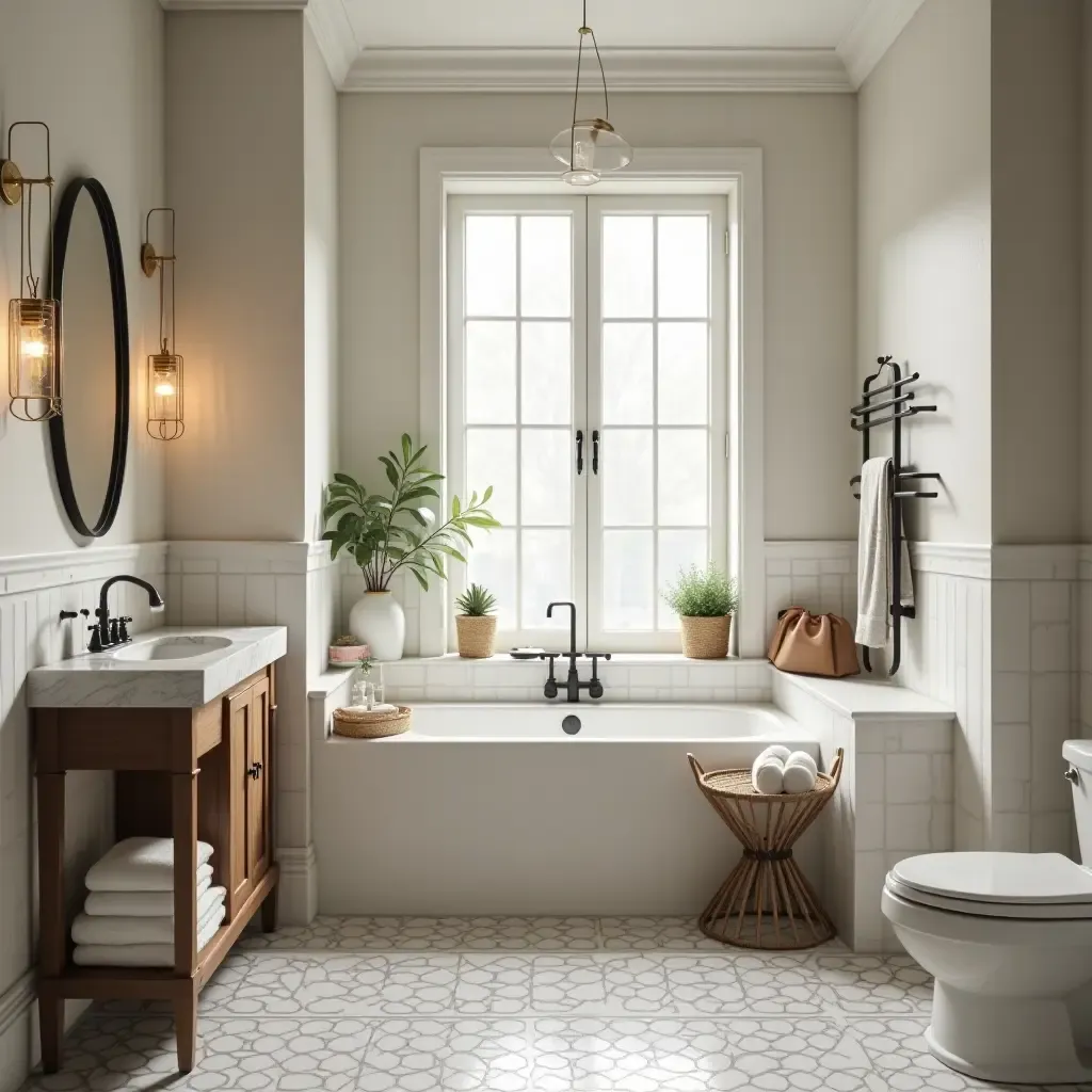 a photo of a bathroom with an inviting reading nook and decor