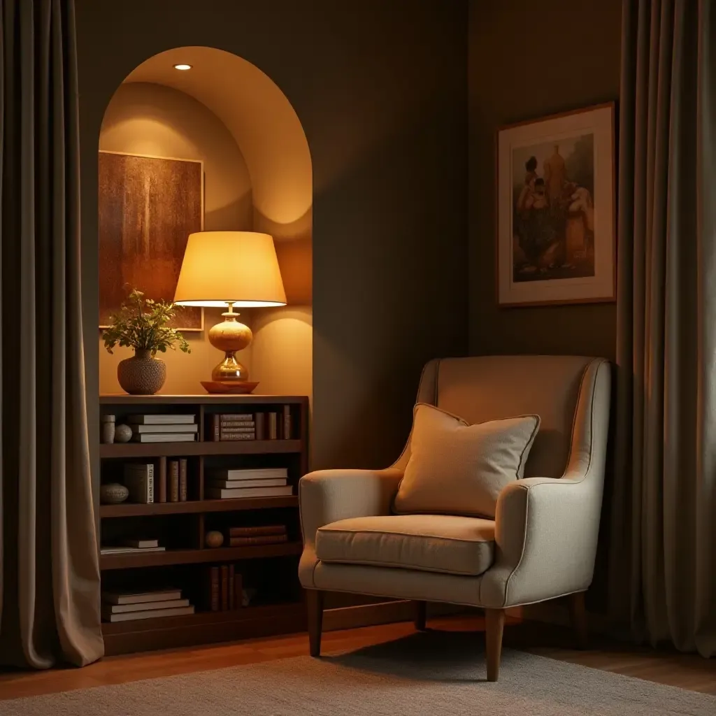 a photo of a cozy reading nook with soft lighting and a large armchair