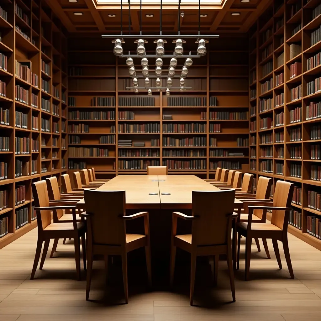 a photo of a library with wooden chairs around a large table