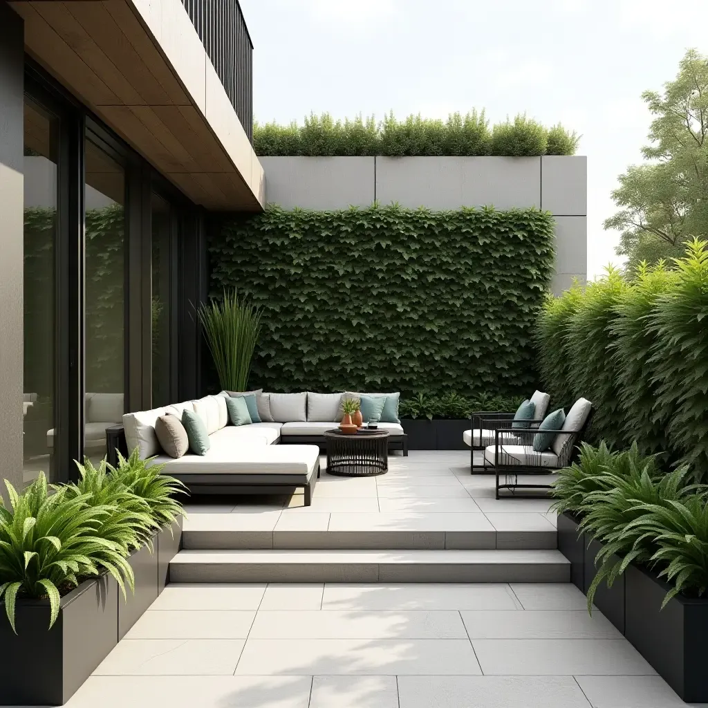 a photo of a chic urban concrete patio with vertical gardens and modern decor