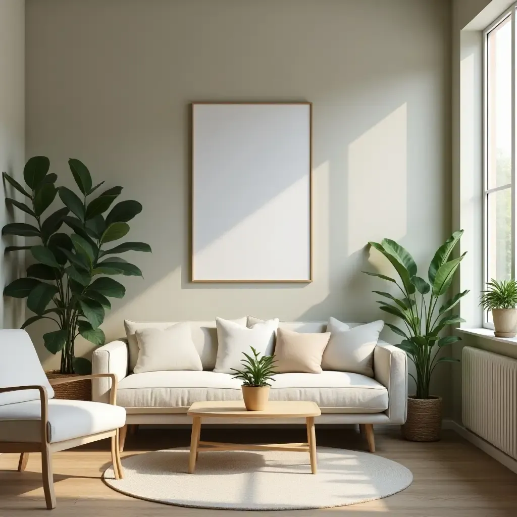 a photo of a basement retreat with a soothing color palette and plants