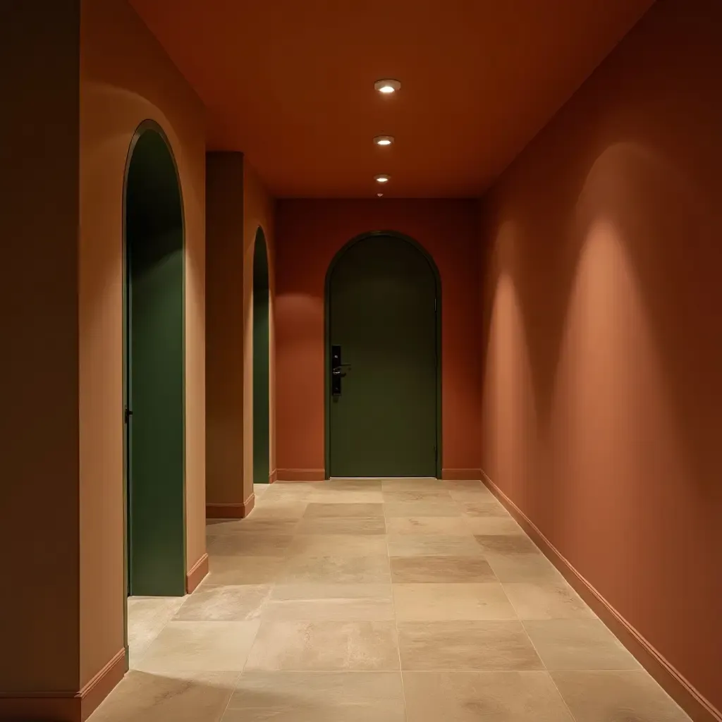 a photo of a basement featuring earthy tones of terracotta and olive green