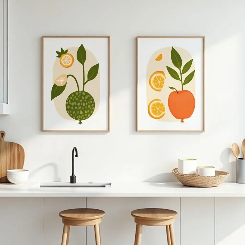 a photo of colorful fruit-themed wall prints in a bright kitchen