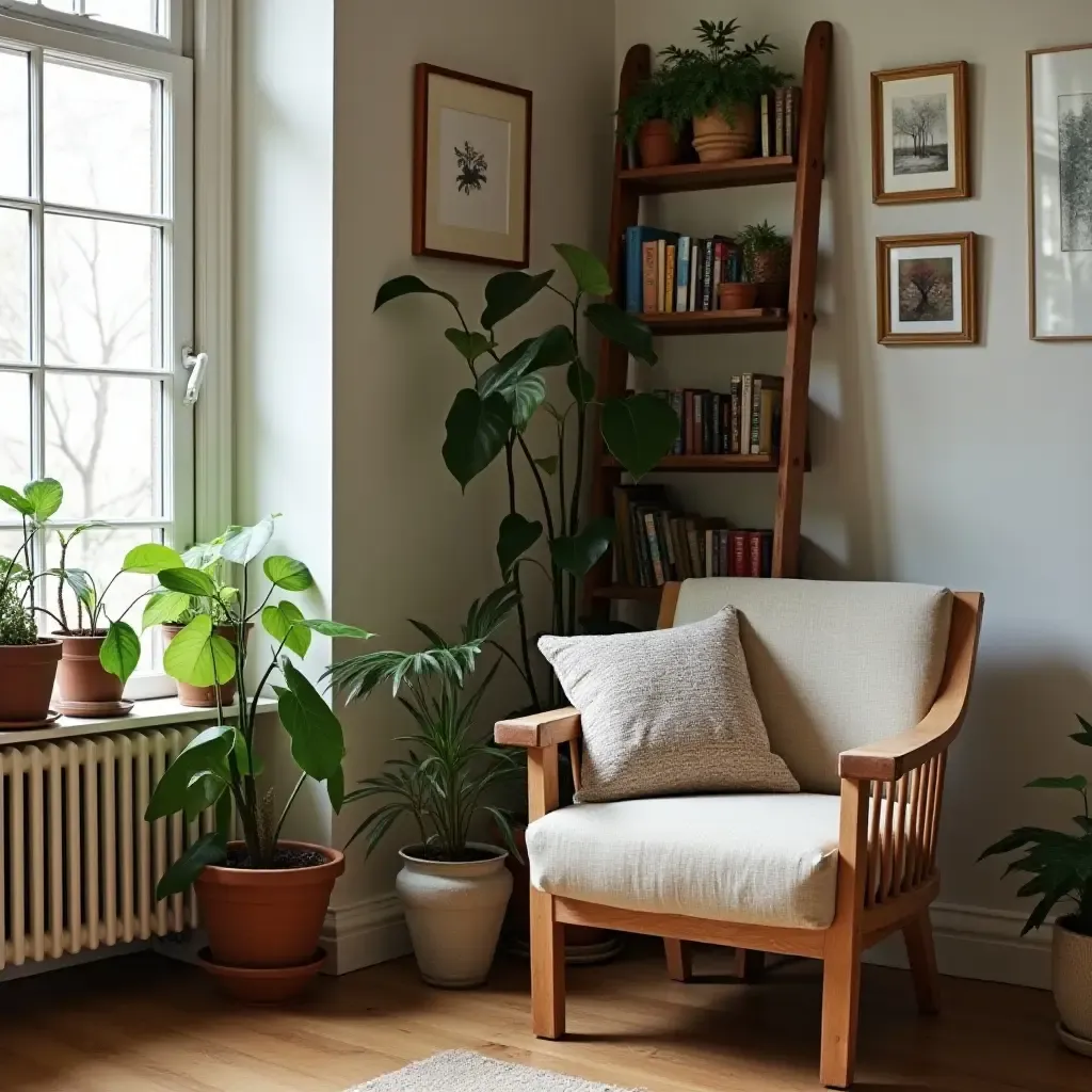 a photo of a reading corner with a vintage ladder bookshelf and plants