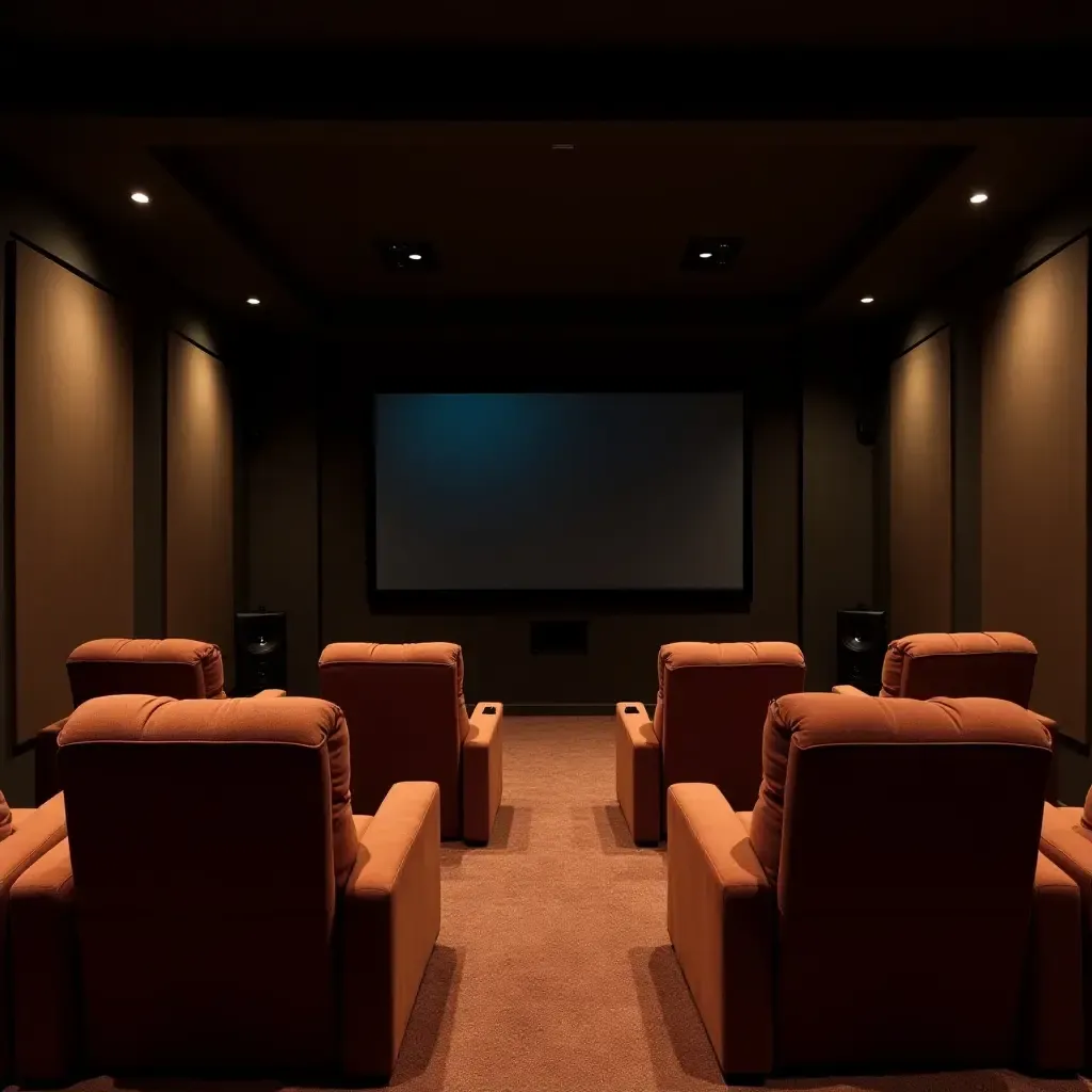 a photo of a sophisticated basement theater with plush seating and a large screen