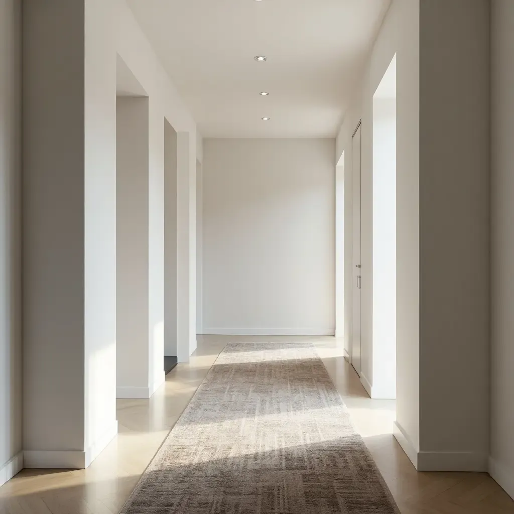 a photo of a sleek runner rug in a narrow hallway